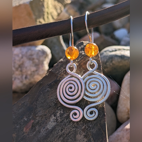 Sterling Silver Baltic Amber Earrings Tribal Spiral Metallic Statement - Picture 8 of 16